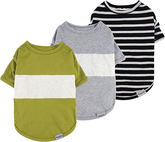 Fitwarm 3 Pack Color Block Striped Dog Shirt, Summer Dog Clothes for Small Dogs, Breathable Lightweight Pet Tshirt with Sleeves, Cat Outfit, Oliver Green, Grey, Black, XXL
