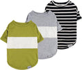 Fitwarm 3 Pack Color Block Striped Dog Shirt, Summer Dog Clothes for Small Dogs, Breathable Lightweight Pet Tshirt with Sleeves, Chihuahua Outfit, Oliver Green, Grey, Black, XS