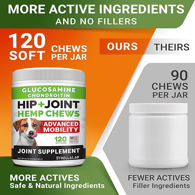 STRELLALAB Hemp Chews for Dogs - Hip & Joint Supplement with Glucosamine - Joint Pain Relief Treats - Omega 3, Chondroitin, MSM - Advanced Mobility Support - Bacon Flavor - 120 Ct - Made in USA
