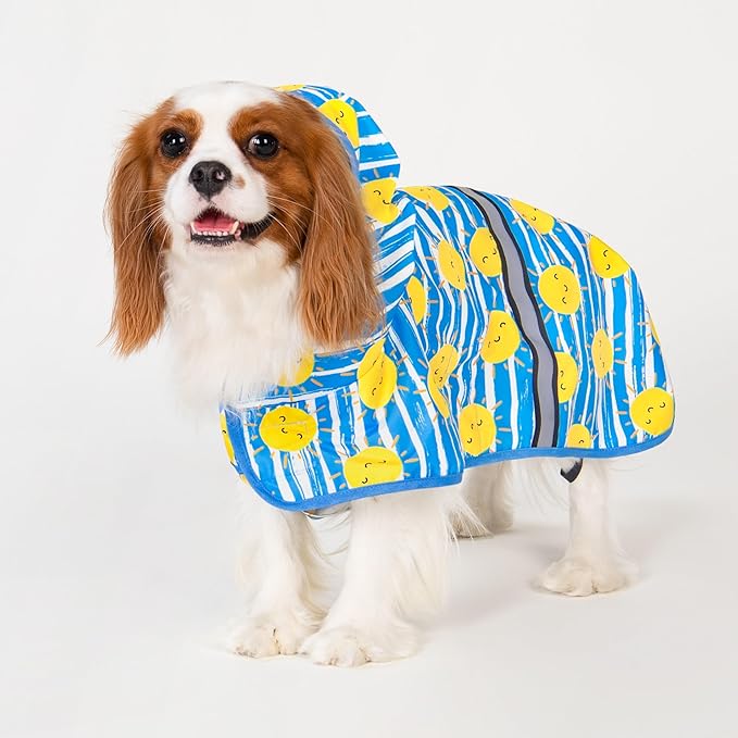 Fitwarm Stirped Sun Dog Raincoat, Waterproof Rain Jacket for Small Dogs Boy Girl, Reflective Puppy Poncho with Harness Hole, Packable, Adjustable, Blue, Yellow, White, XL