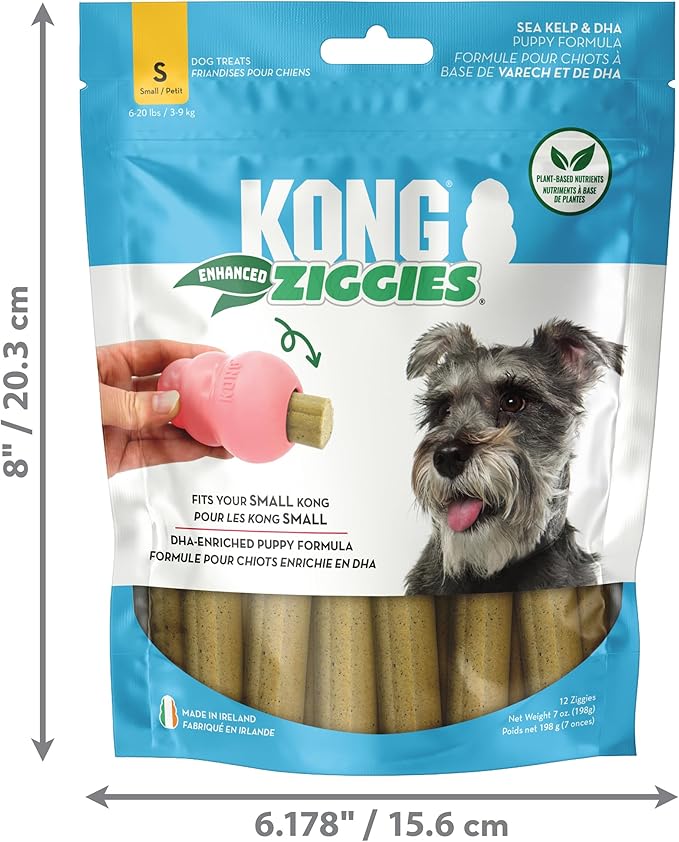 KONG Puppy Ziggies Enhanced - Teeth Cleaning Dog Treats for Puppies, Long-Lasting Chews, Works Classic Rubber Toys ((2 Pack) Small)