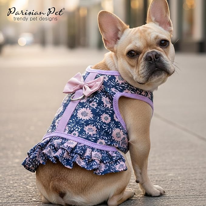Parisian Pet Floral Dog Harness Dress - Breathable No Pull Puppy Dress with Leash Ring - 100% Mesh Fabric Harnesses for Dogs - Soft Padded Step in Pet Vest - All Weather Dog Harness for Large Dogs