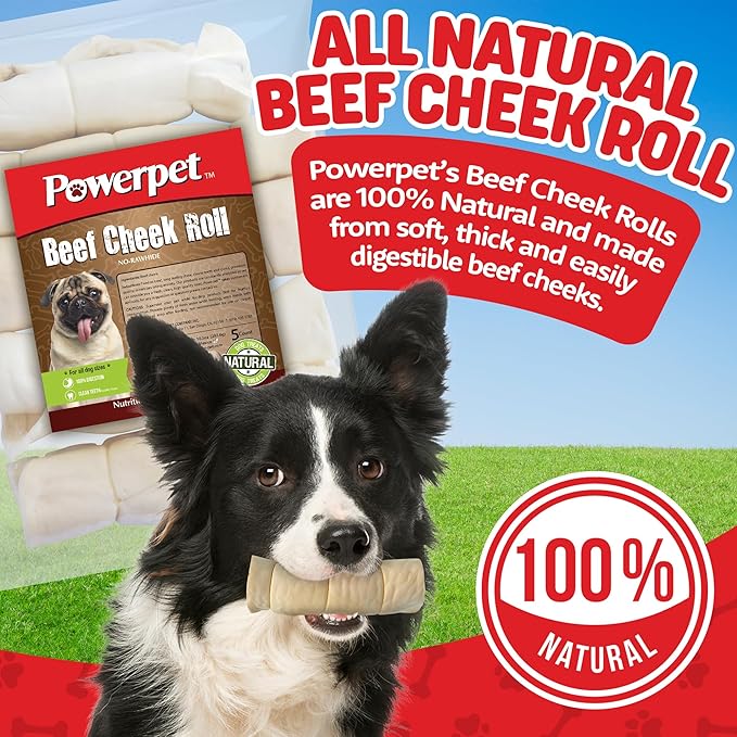 Powerpet Treats Beef Cheek Rolls for Dogs - Promotes Dental Hygiene - 100% Natural & Highly Digestible - High Protein, Low Fat Breeds - No Rawhide - Healthy Chew Treats - 5 Rolls