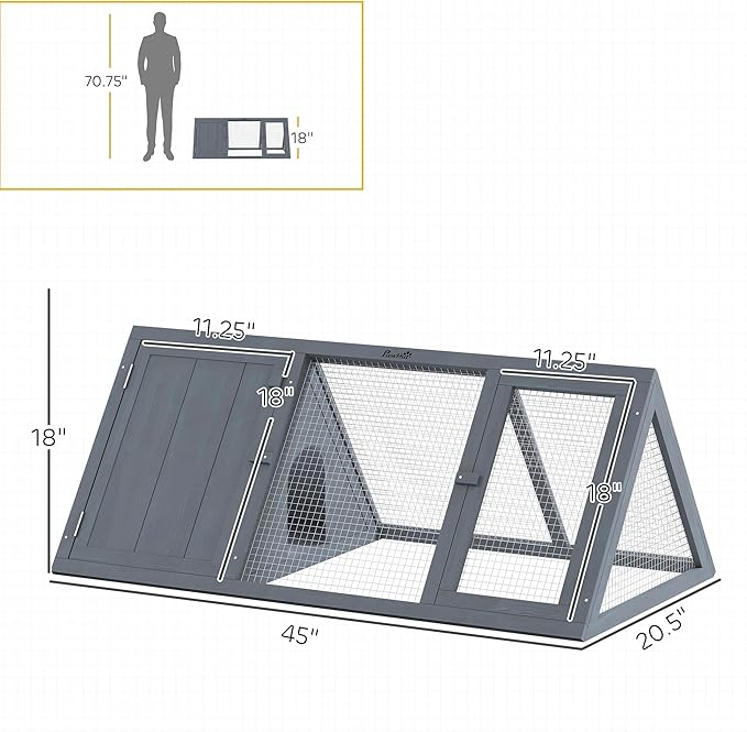 PawHut Rabbit Hutch Outdoor, Wooden Chicken Coop with Run, Outdoor Small Animal Cage for Rabbit, Small Duck and Chicken, for Garden, Backyard, Farms, 45" x 20.5" x 18", Grey