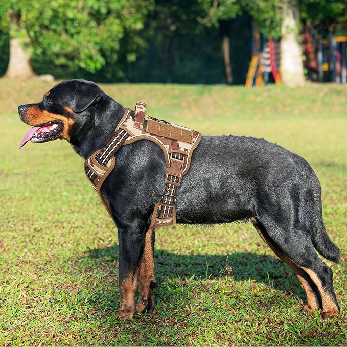Heavy Duty Tactical Dog Harness for Large Dogs, No Pull Adjustable Pet Harness Reflective Service Training Easy Control Pet Vest Military K9 Working Dog Harnesses-X- Large, Desert Camo