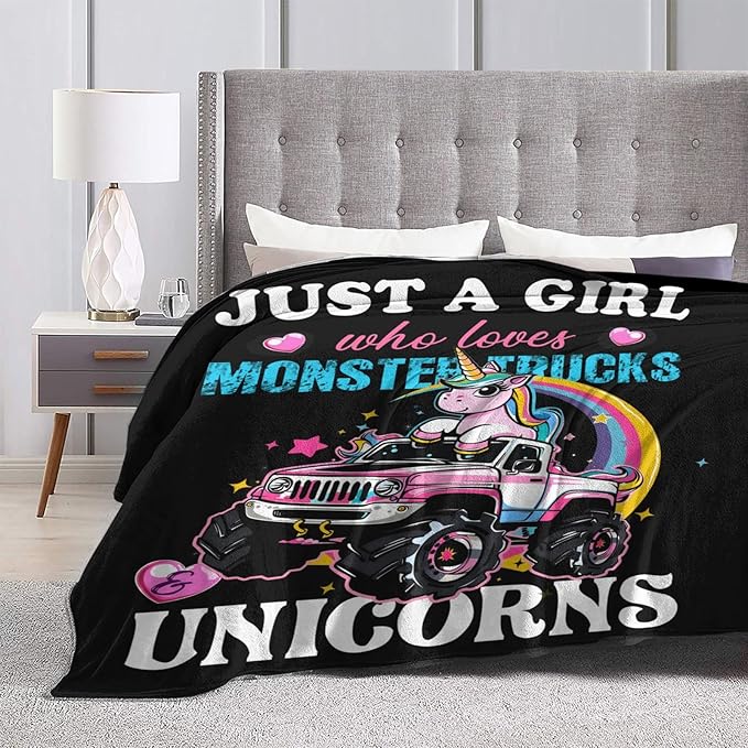 Just A Girl Who Love Trucks Unicorns Blanket Truck Unicorn Decor Throw Blanket Gifts for Girls Boys Super Warm Soft Plush Fleece Flannel Blanket Couch Bedding Blanket for Adults Kids Women Men 60"X50"