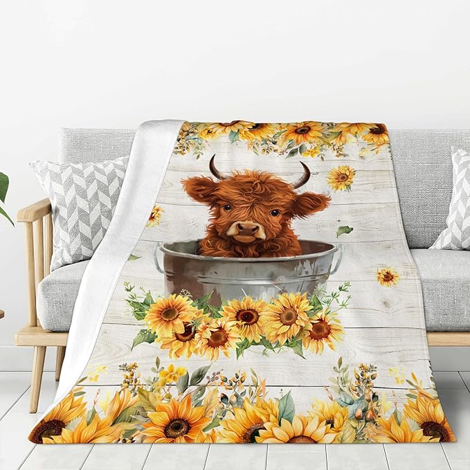banonaty Highland Cow Sunflower Blanket Cow Throw Blankets Cozy Fleece Flannel Blanket Bedding Highnald Cow Gifts for Men Women Boys Girls Kids Teens for Couch Sofa Bed Decor 60"X80"