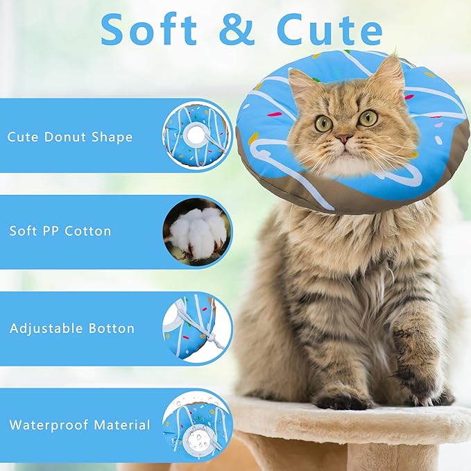 Seyezo Cat Cone Collar Soft, Adjustable Cat Recovery Collar Kitten Cones to Stop Licking, Cute Donut E Collar After Surgery, Cats Neck Pillow Elizabethan Cones of Shame (Waterproof Blue, Medium)