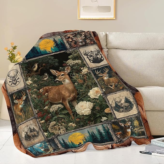Deer Throw Blanket Hunting Deer Elk Stuff Gifts for Kids Girls Boys Adults Women Men Soft Cozy Warm Plush Fluffy Fuzzy Fleece Blanket Decor 40''X50''