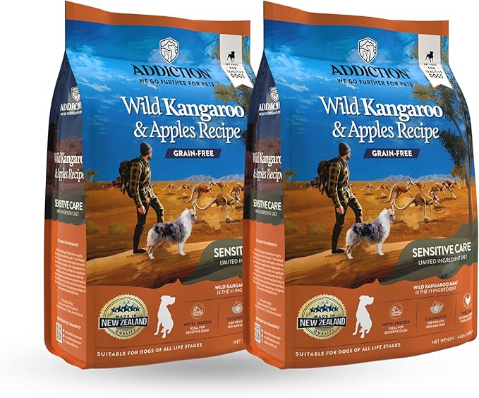Addiction Wild Kangaroo & Apples Dry Dog Food - Limited Ingredient, Novel Protein for Dogs with Allergies, Grain-Free - Support Muscle Development & Manage Weight - Made in New Zealand 4lb - 2 Packs