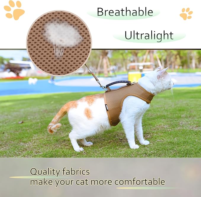 Cat Harness and Leash for Walking Escape Proof Breathable Mesh Fabric, Solid Brown, Extra Large, Adjustable Cat Walking Jackets with Handle, Padded Stylish Cat Vest