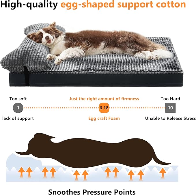 KISYYO Orthopedic XXL Dog Beds for Extra Large Dogs with Removable Washable Cover and Removable Pillow for Crate, Waterproof Extra Large Dogs Mat, Grey, 47x29