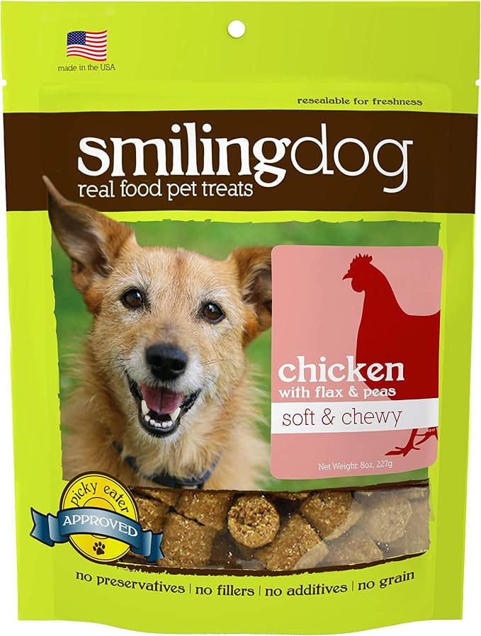 Herbsmith Smiling Dog Treats - Soft and Chewy Dog Treats for Senior Dogs - Dog Training Treats - Real Chicken Dog Treats with Flax & Peas - 8 oz