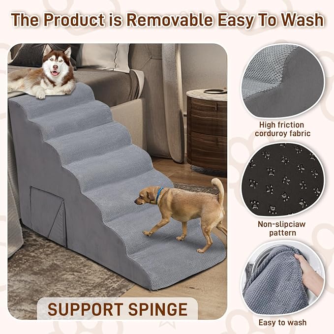 7-Step Dog Stairs for High Bed 30-36" H, Dog Steps for High Bed Couch, Pet Steps for Small, Older Pets, Non-Slip Balanced Pet Ramp Indoor, Grey