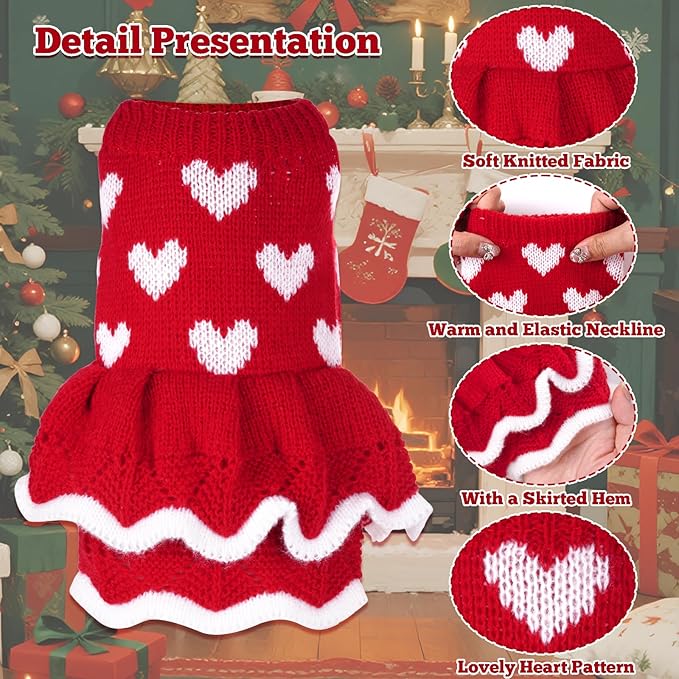 Dog Sweaters Heart Knitted Sweaters Dress Winter Coat Puppy Warm Holiday Clothes for Small Dogs Cats Christmas New Year Valentine's Day (Red, X-Large)