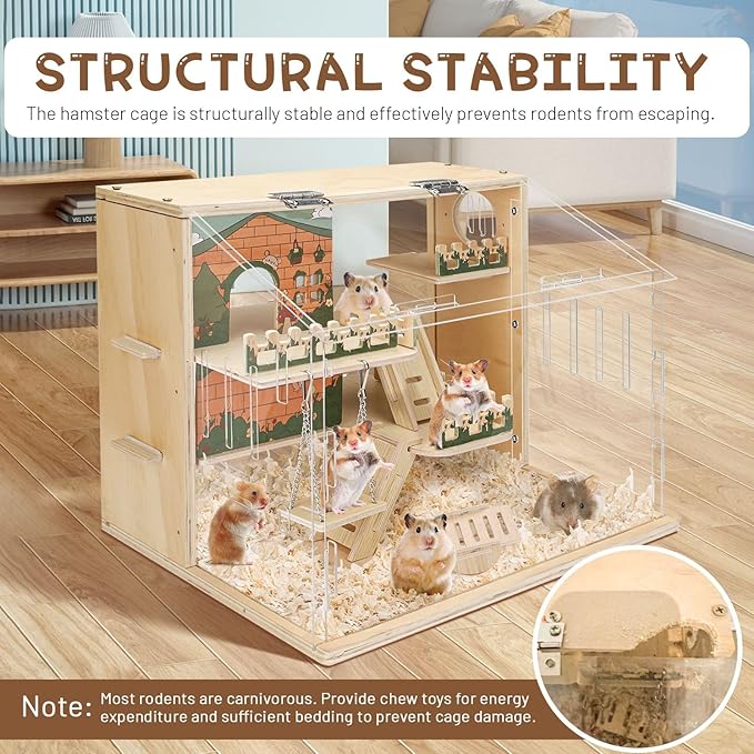 Wooden Hamster Cage Large, 16-Inch 3-Layer Acrylic Hamster Cage, Small Animal Cages with Platform and Playpen for Direct Observation, Pet Supplies