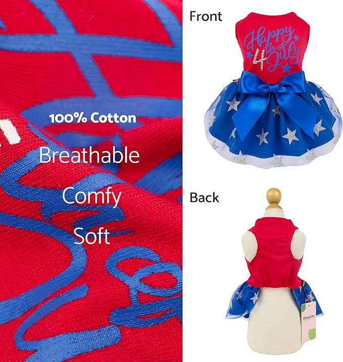 Fitwarm Happy 4th of July Dog Tulle Dress, Patriotic Dog Clothes for Small Dogs Girl, Red and White Star Pet Outfit, Red, Royal Blue, XXSmall