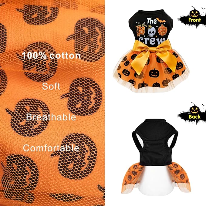 Idepet Dog Dress Halloween, Holiday Puppy Skirt Cute Boo Dog Costume Funny Pumpkin Print Pet Apparel Dog Clothes for Small Dogs Girls and Cats (Small)