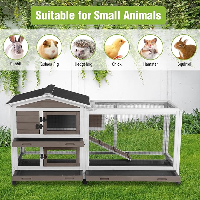 Large Rabbit Hutch Indoor Outdoor, Wooden Rabbit Cage with Wheels, 62'' Mobile Bunny Cage with Chew-Proof Ramp, Pull-Out Tray, Waterproof Roof, Guinea Pig Habitat (Brown)