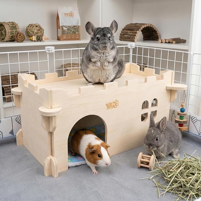 Castle Chinchilla House, Small Animal Hideout for Chinchilla, Guinea Pig, Hedgehog, or Rat, Ventilated Wooden Guinea Pig Hut Habitat with Multiple Doors (Large)