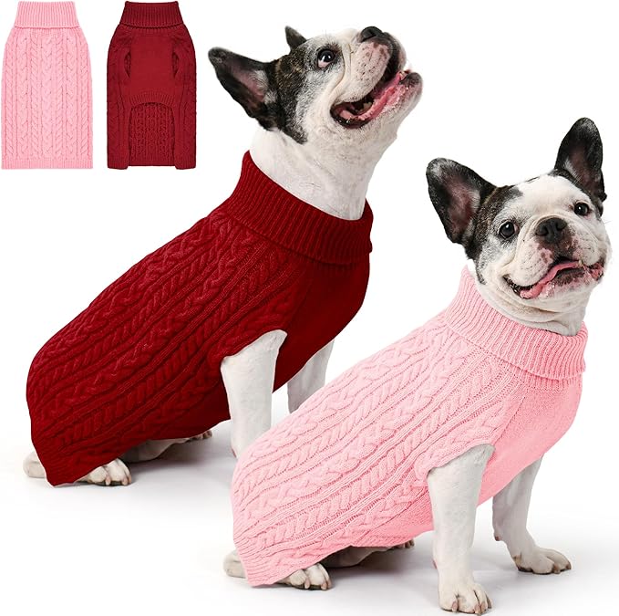 2 Pack Dog Sweaters for Medium Dogs Winter Turtleneck Pullover Cable Knit Fleece Stretch Frenchie Dachshund Pug Corgi Beagle Boy Girl Pet Clothes (L, Pink & Red)