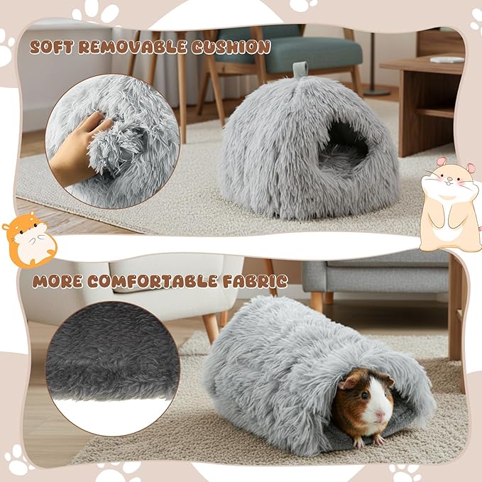 2 Pack Guinea Pig Hideout Bed with Tunnel, Large Soft Plush Cozy House, Washable Hideaway for Guinea Pigs and Small Animals(Style 1)