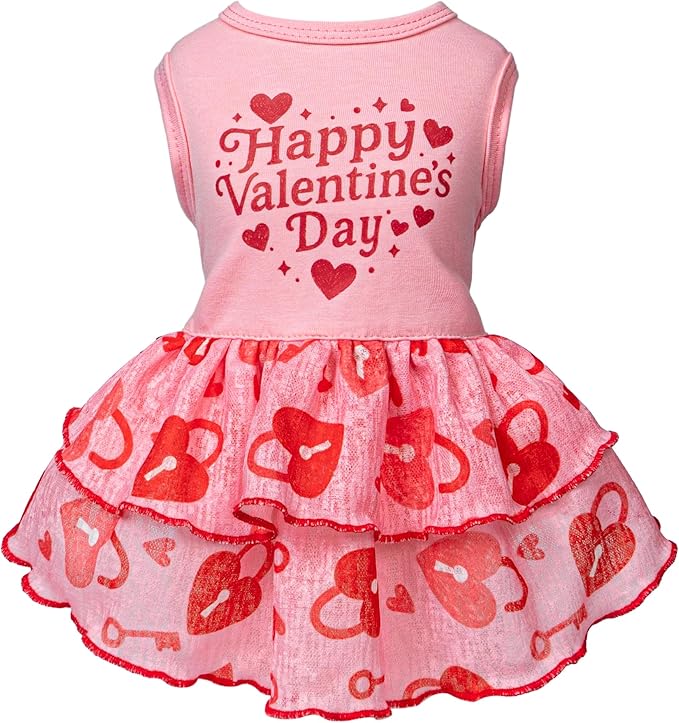 Fitwarm Happy Valentine's Day Dog Dress, Elegant Valentines Outfit for Small Dogs Girl, Festive Pet Clothes, Pink, Red, Medium