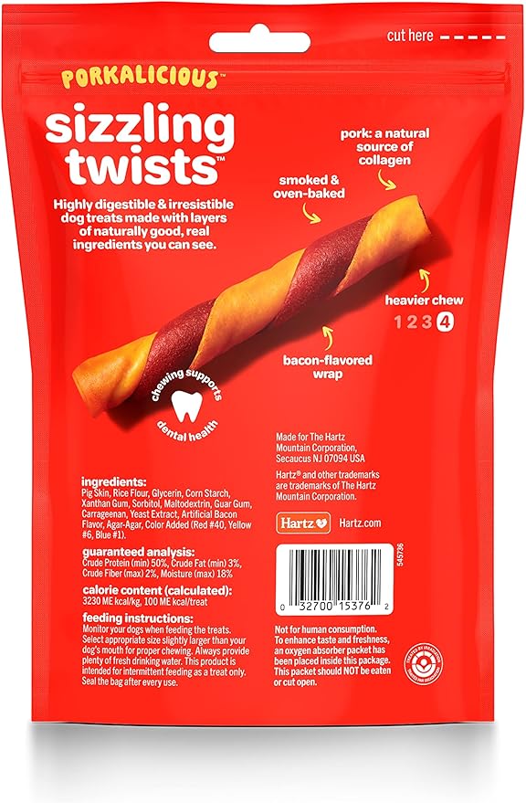 Hartz Oinkies Sizzling Twists Bacon Flavored Rawhide-Free Natural Chew Dog Treats, 8 count