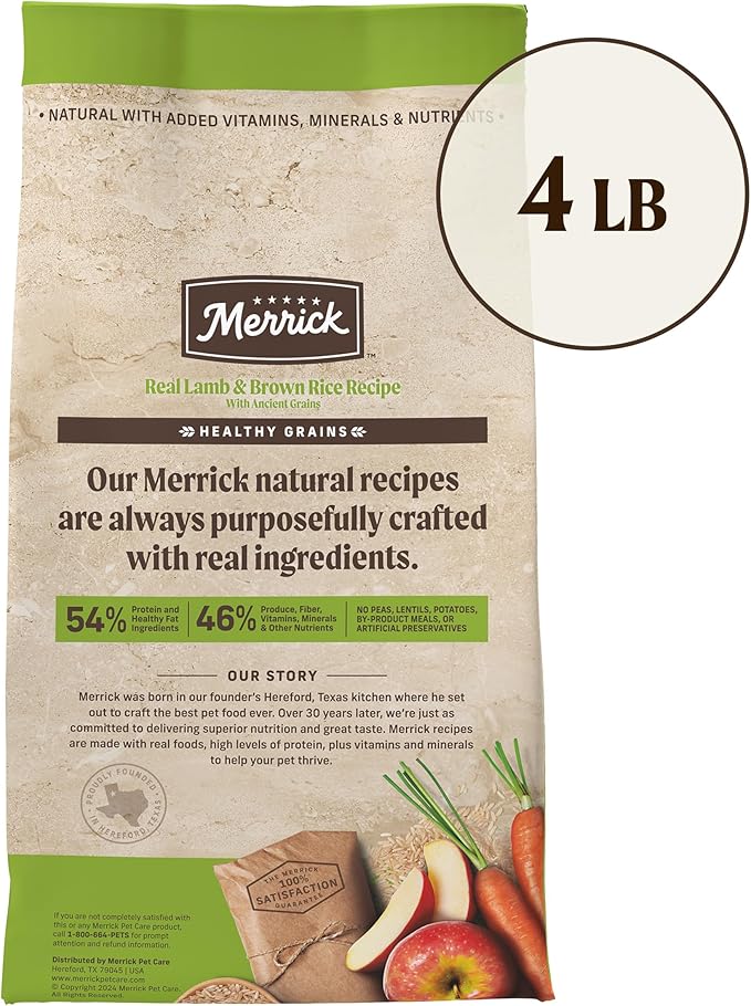 Merrick Healthy Grains Premium Adult Dry Dog Food, Wholesome And Natural Kibble With Lamb And Brown Rice - 4.0 lb. Bag