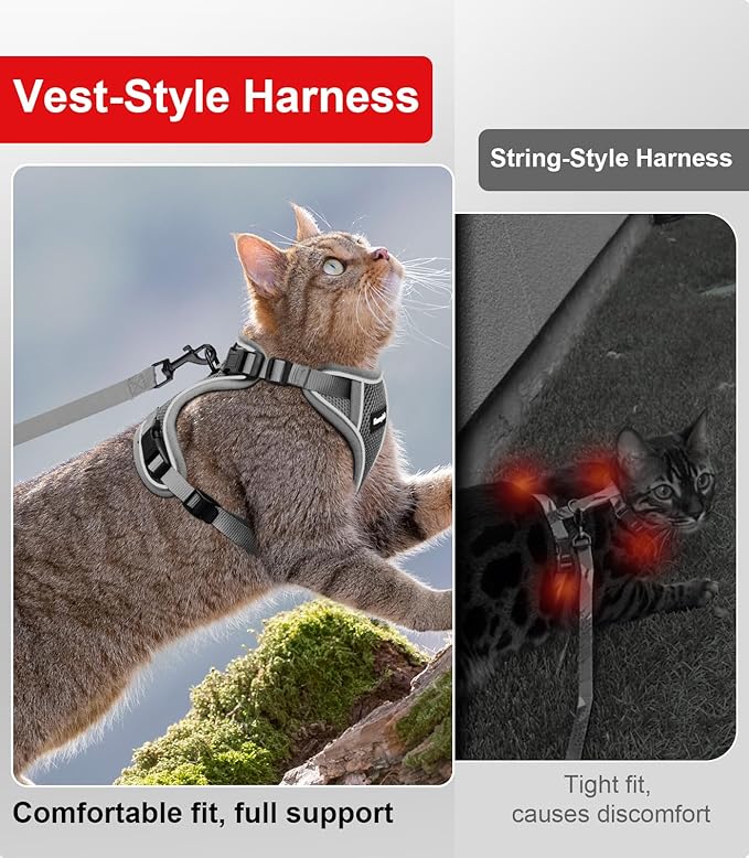 Cat Harness and Leash for Walking Escape Proof Soft Adjustable Cat Leash Breathable Comfortable Vest Easy to Wear Kitten Harness for Outdoor Travel (Grey, S (7-12lb))