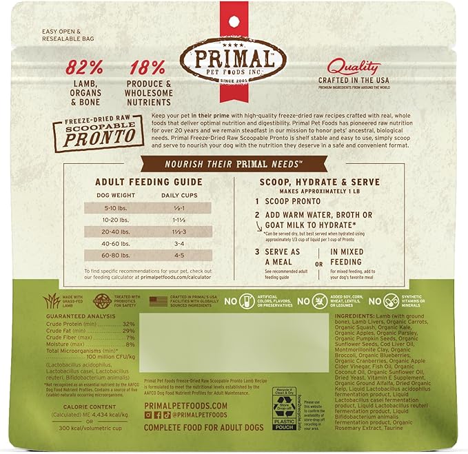 Primal Freeze Dried Dog Food, Pronto Mini Nuggets, Lamb; Scoop & Serve, Complete & Balanced Meal; Also Use as Topper or Treat; Premium, Healthy, Grain Free, High Protein Raw Dog Food 16 oz (Pack of 2)