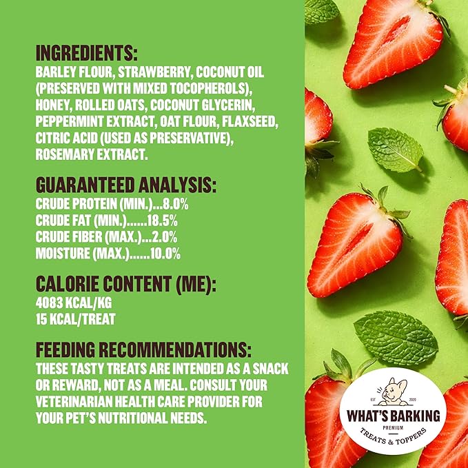 What's Barking Soft Bites, Soft Chewy Dog Treats for Training or Snacking, Pet Essentials, Bite Size Pieces for Dogs, Natural Ingredients, Made in USA, Resealable Bag (Pack of 1, Strawberry Mint)