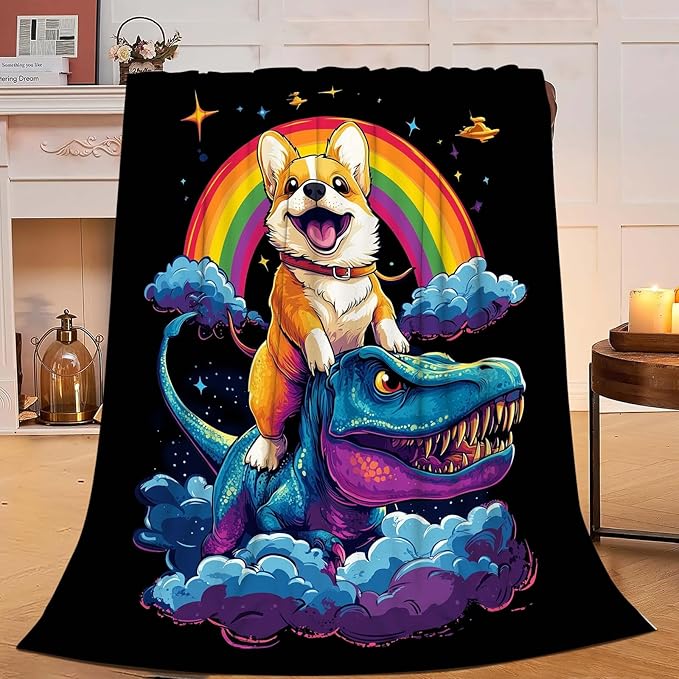 Corgi Blanket Funny Cartoon Corgi Dinosaur Throw Blanket Gifts for Corgi Lovers Girls Boys Kids Men Women Adults Super Soft Cozy Plush Fluffy Fuzzy Fleece Blanket Home Decor 60''X80''