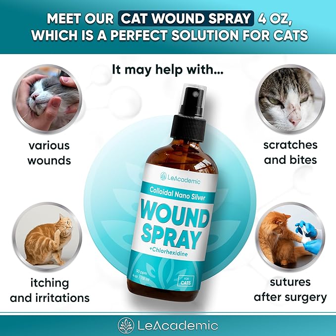 Cat Wound Care Spray is Perfect with Cat Cone | Nano Silver + Chlorhexidine in the Composition | Bites, Scratches, Redness, Irritation, and Sutures After Surgery | 4 Oz