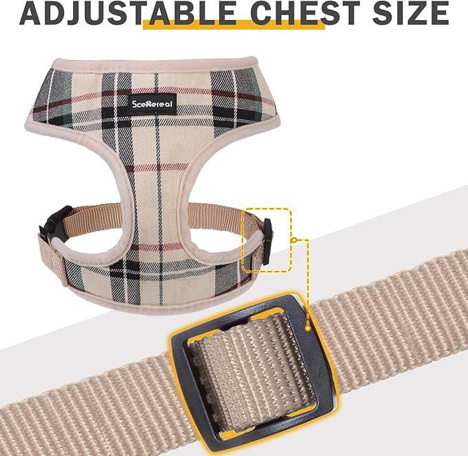 SCENEREAL No Pull Dog Harness Collar and Leash Set for Small Sized Dogs, Soft Mesh Plaid Puppy Harnesses, Pet Vest for Outdoor Walking Training and Running, Beige XS
