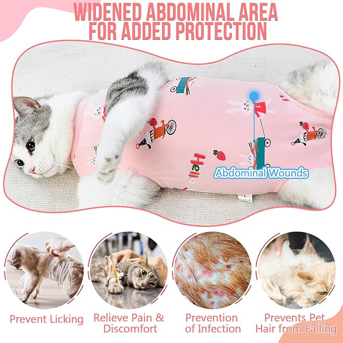 SlowTon Cat Recovery Suit - Cat Onesie for Cats After Surgery, Spay Suit for Abdominal Wounds, E-Collar Alternative Bodysuit Shirt Anti-Licking (Pink, L)