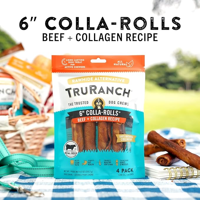 TRURANCH Collagen Rolls - 6" Collagen Rolls for Dogs - Long Lasting Healthy Joint Support - Rawhide Alternative - Skin & Coat Health - Made with Real Beef, Value Pack, 15 Bags, 60 Count