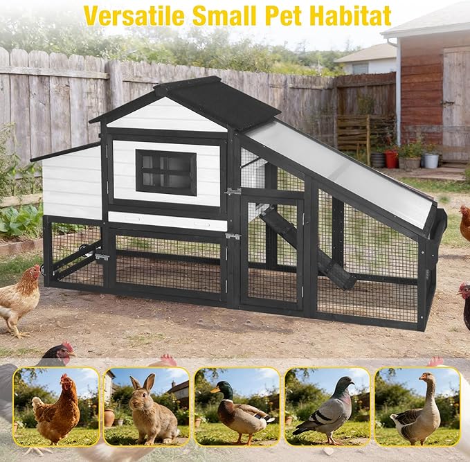 Aivituvin Chicken Coop with Run and Wheels, Mobile Outdoor Hen House Wooden Poultry Cage with Waterproof Roof (Black, AIR23)