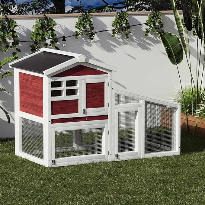 Garvee Wooden Rabbit Hutch Indoor and Outdoor, Rabbit Cage with Removable Wire Netting and Leak Proof Tray, Weatherproof Bunny Cage with Anti-Chew Metal Frame Ramp for Small Animals Rufous White