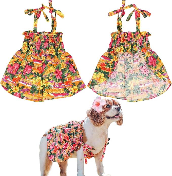 Parisian Pet Hawaiian Dog Dress - 100% Cotton Summer Clothes for Small Dogs Girl - Pet Dress with Pull-Up Straps - Floral Beach Dog Outfit - Lightweight Puppy Clothes - Stylish Dresses for Dogs