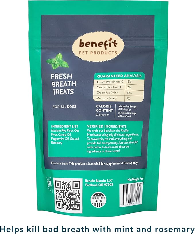 Benefit Biscuits, All Natural Dog Treats, Certified Vegan, Non GMO, Wheat Free, Healthy Dog Biscuits, Made in USA (Mint, 7oz Bag)