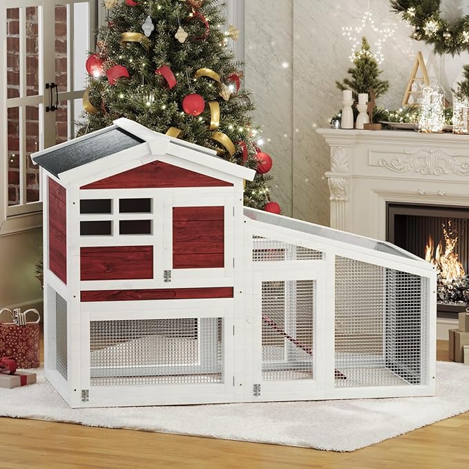 Garvee Wooden Rabbit Hutch Indoor and Outdoor, Rabbit Cage with Removable Wire Netting and Leak Proof Tray, Weatherproof Bunny Cage with Anti-Chew Metal Frame Ramp for Small Animals Rufous White