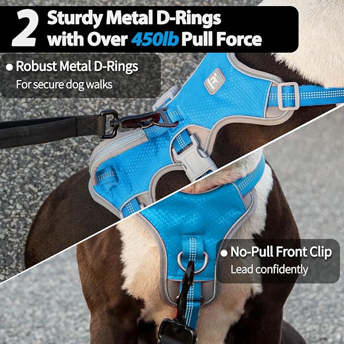 Huntboo Escape Proof Dog Harness, Escape Artist Harness, Reflective Harness with Padded Handle, Breathable, Durable, Adjustable Vest for Medium Dogs Walking, Training, and Running Gear (Blue, XL)