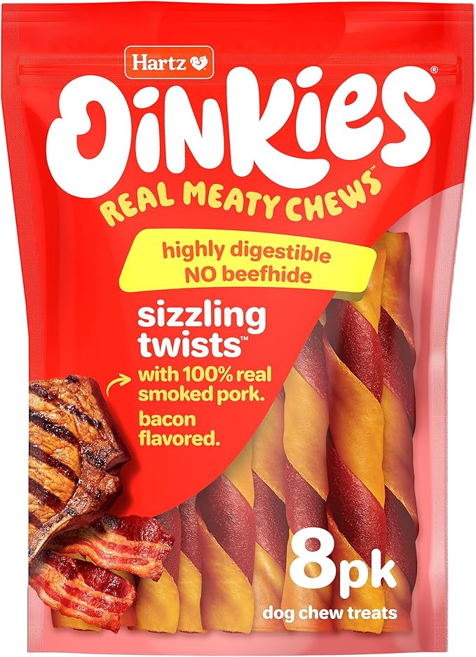 Hartz Oinkies Sizzling Twists Bacon Flavored Rawhide-Free Natural Chew Dog Treats, 8 count