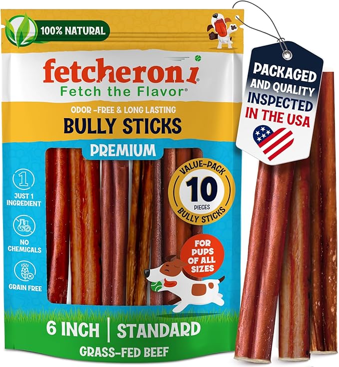Bully Sticks for Poodles - Odor-Free Bully Sticks (6 Inch, 10 Pack), 7 Ounces Bag Fully Digestible 100% Beef Pizzle Chews, Grass-Fed, Non-GMO, Grain-Free.