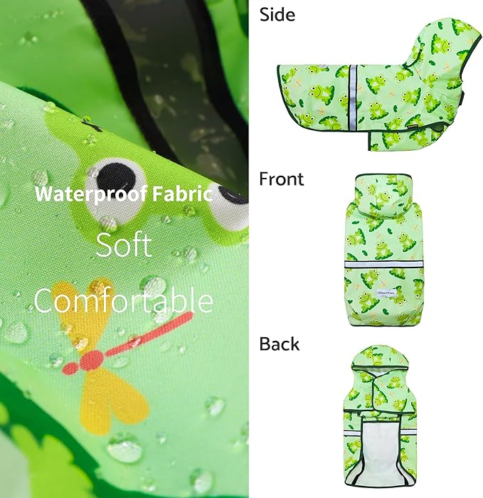 Fitwarm Funny Frog Dog Raincoat with Hood, Waterproof Rain Jacket for Small Dogs Boy Girl, Reflective Pet Poncho with Harness Hole, Packable, Adjustable, Green, XXL