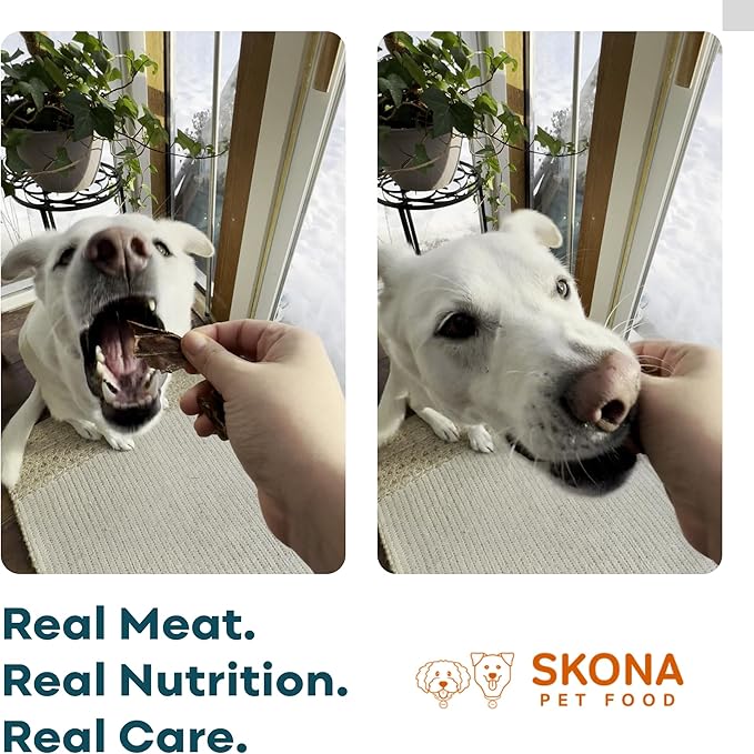 Skona PetFood Premium Chewy Dehydrated Pork Heart Jerky for Dogs & Cats, 1 lb of Pork Heart Dehydrated to 4 oz, Single Ingredient High Taurine Training Treat, Supports Heart Health & Muscle Repair