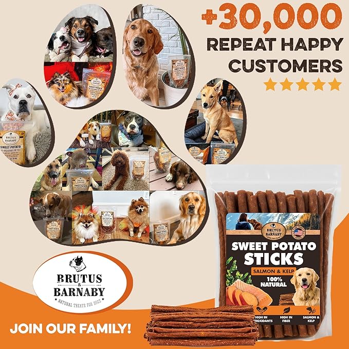 Sweet Potato Dog Treats - Grain Free, Salmon & Kelp Crunchy Sticks - Great Tasting, Promotes Positive Dog Gut Health with Natural Anti-Diarrhea Properties, No Preservatives Added (2lb Bag)