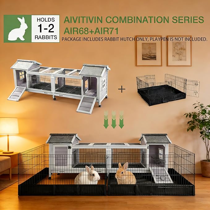 Rabbit Hutch Indoor Outdoor, Large Bunny Cage with Double House and Run, 10.4 ft² Guinea Pig House, Upgrade Deeper No-Leak Trays, On Wheels for Easy Moving