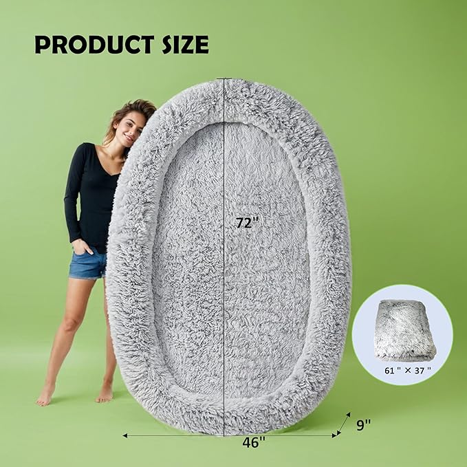 Human Dog Bed for Adults and Pets, 72"x46"x9" Extra-Large Comfortable Bed with Storage Pocket and Soft Blanket, Washable and Waterproof (Gray, XXX-Large)